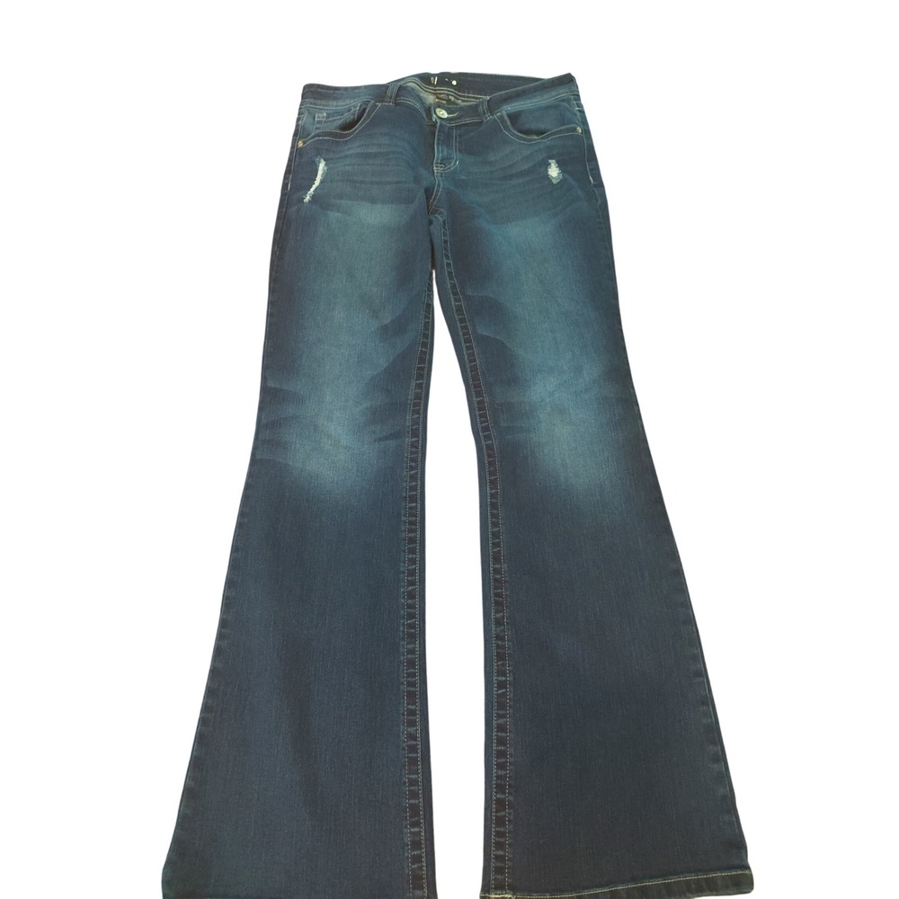 Womens Flare Leg Jeans Dark Wash Embroidered Rhinestone Pockets Size 12